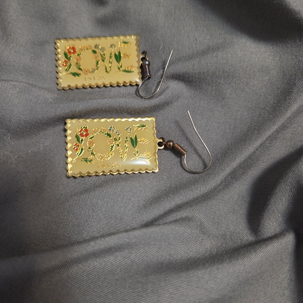 Vintage 1982 20 Cent Stamp LOVE Gold and Green Earrings